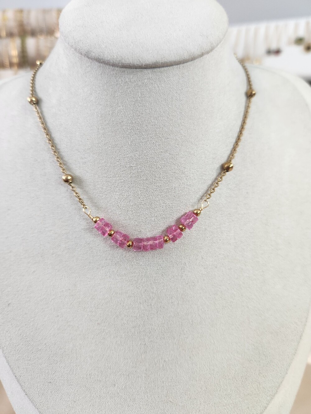 Handmade Pink Topaz Beaded Bar Necklace